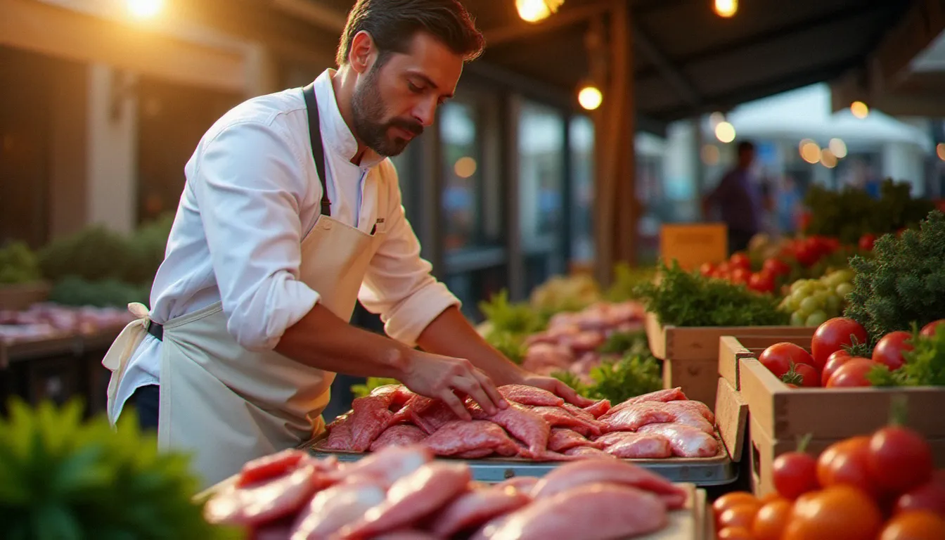 Un chef choisissant personnellement des poissons frais au marché de Marseille, démarche clé pour garantir le meilleur rapport qualité-prix dans son restaurant