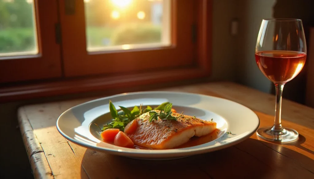restaurant meilleur qualite prix featured Assiette de poisson méditerranéen soigneusement dressée dans un restaurant meilleur qualité prix à Marseille, éclairée par la lumière dorée d'une salle au décor chaleureux