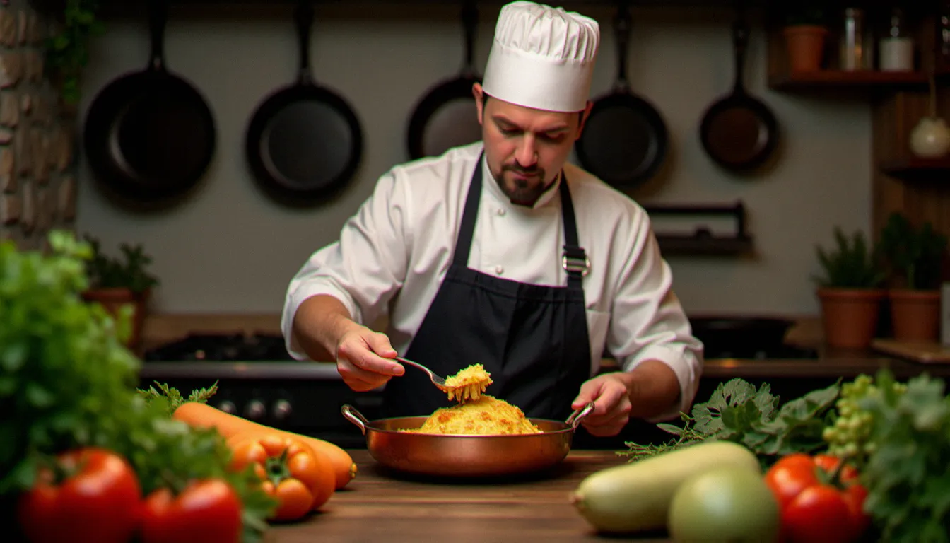 Chef préparant un gratin savoyard traditionnel dans une cuisine alpine authentique, illustrant le savoir-faire culinaire d'un restaurant mémorable en Savoie
