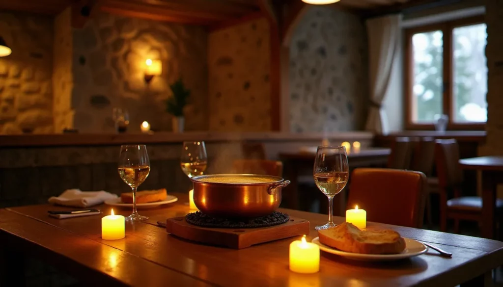 restaurant meilleur savoie featured Salle de restaurant montagnard en Savoie avec une fondue traditionnelle au fromage sur table en bois, ambiance chaleureuse et authentique illustrant le restaurant meilleur Savoie