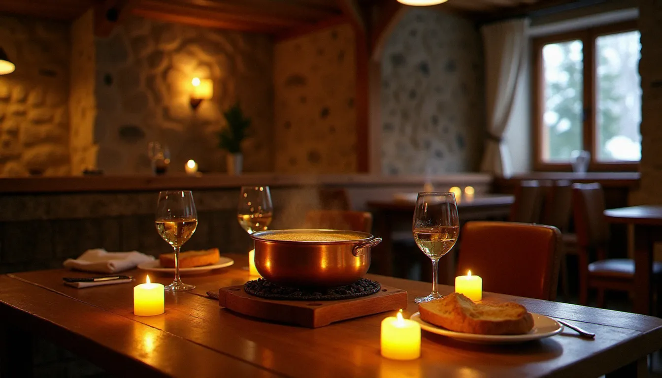 Salle de restaurant montagnard en Savoie avec une fondue traditionnelle au fromage sur table en bois, ambiance chaleureuse et authentique illustrant le restaurant meilleur Savoie