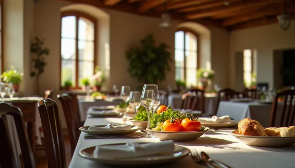 restaurant naturel pont sainte marie featured Salle à manger d'un restaurant naturel à Pont Sainte Marie avec éclairage naturel, poutres apparentes et table dressée avec des produits locaux de l'Aube
