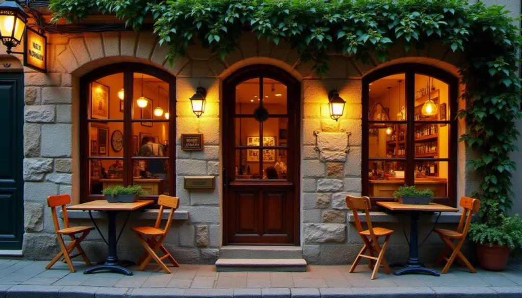 restaurant pourquoi pas a criel featured Devanture chaleureuse du restaurant Pourquoi Pas à Criel-sur-Mer, façade normande en pierre avec lumière dorée filtrant par les fenêtres en bois