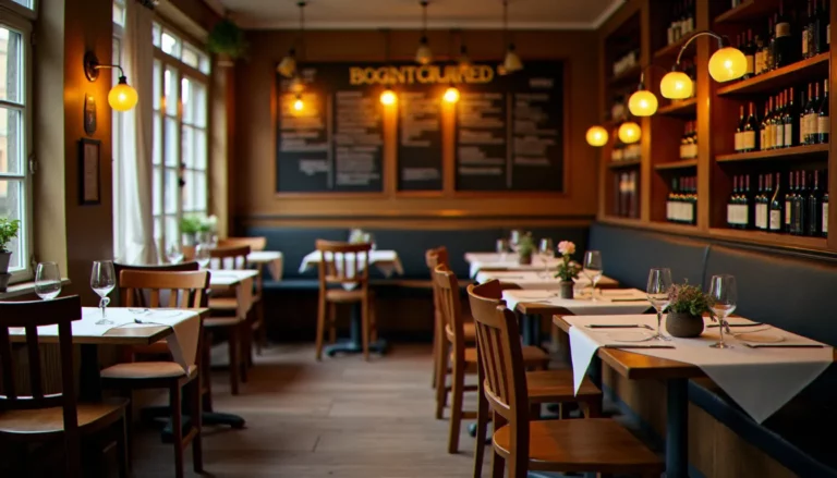 Intérieur chaleureux d'un bistrot traditionnel dijonnais avec tables en bois, éclairage tamisé et ardoise menu, évoquant l'ambiance du restaurant Pourquoi Pas à Dijon