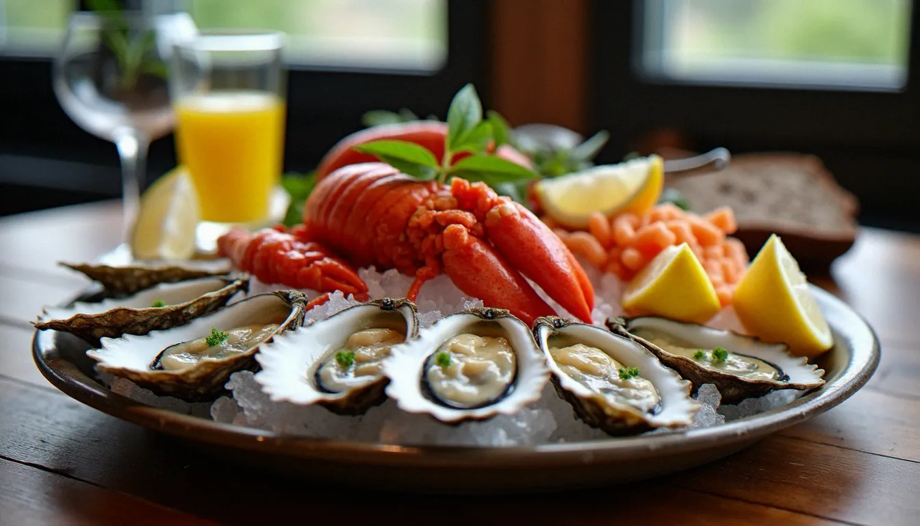 Plateau de fruits de mer breton avec huîtres de Cancale, langoustines et homard sur lit de glace pilée, servi dans un restaurant à Dinard