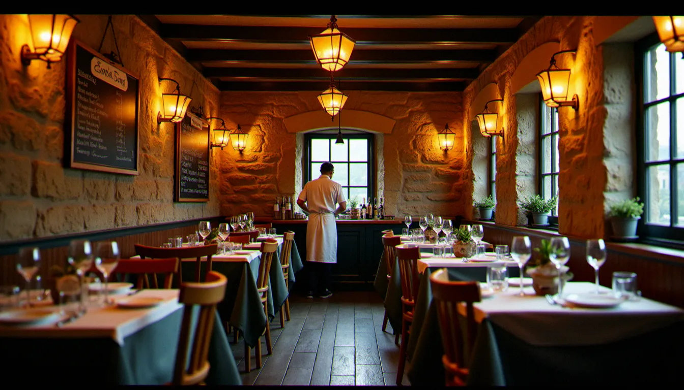 Intérieur d'un bistrot breton traditionnel le soir, murs en pierre apparente, menu ardoise et éclairage chaleureux, atmosphère intime typique des restaurants de Dinard