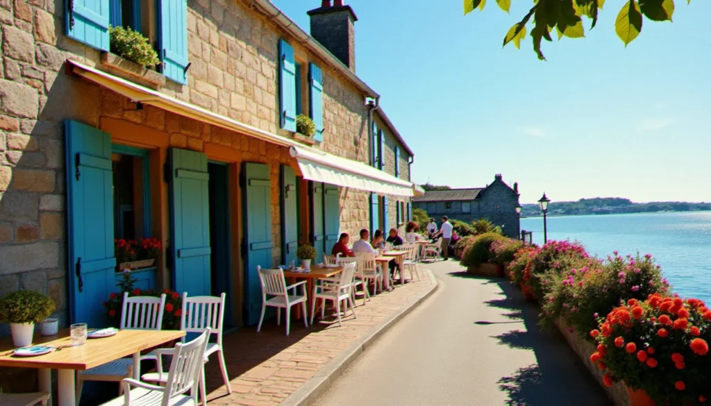 restaurant pourquoi pas dinard featured Terrasse d'un restaurant de bord de mer à Dinard avec vue sur la baie, architecture bretonne en granit et façade bleue, clients attablés en été