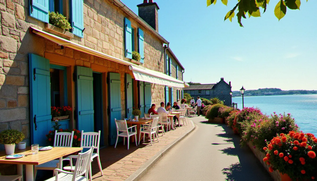 Terrasse d'un restaurant de bord de mer à Dinard avec vue sur la baie, architecture bretonne en granit et façade bleue, clients attablés en été