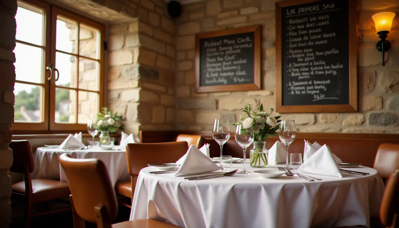 Intérieur chaleureux d'un restaurant breton avec ardoise du menu manuscrite, ambiance intimiste typique des adresses de caractère à Dinard avant le service du soir