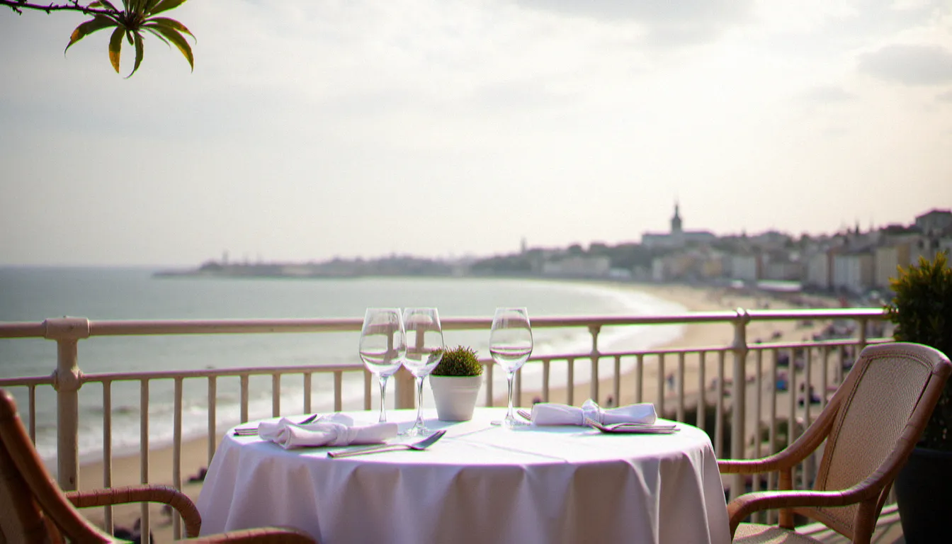Vue sur la baie de Dinard depuis une terrasse de restaurant, villas Belle Époque en arrière-plan et mer de la Manche sous la lumière bretonne caractéristique de la côte d'Émeraude