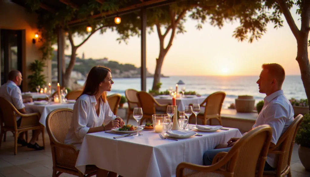 restaurant pourquoi pas le lavandou featured Terrasse du restaurant Pourquoi Pas au Lavandou au coucher du soleil avec vue sur la mer, tables dressées et plats méditerranéens