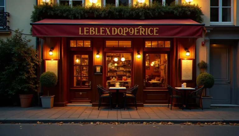 Devanture chaleureuse d'un restaurant de quartier à Neuilly Plaisance au crépuscule, avec terrasse en bois et lumières dorées évoquant l'ambiance du restaurant Pourquoi Pas