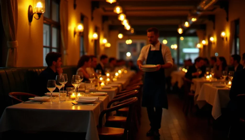 restaurant pourquoi pas neuilly plaisance featured Salle de restaurant animée le soir avec ambiance chaleureuse, tables en bois et nappes blanches, illustrant l'atmosphère du restaurant Pourquoi Pas à Neuilly-Plaisance