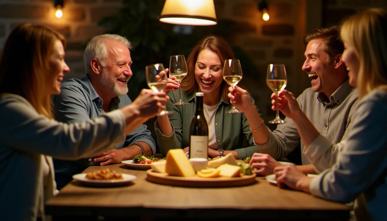Groupe d'amis portant un toast autour d'un plateau de fromages comtois dans un restaurant convivial de Pontarlier, ambiance chaleureuse et décontractée