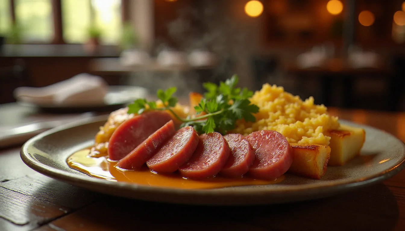 Assiette généreuse de saucisse de Morteau et gratin de Comté fondu, plat emblématique de la cuisine comtoise servie au restaurant Pourquoi Pas à Pontarlier