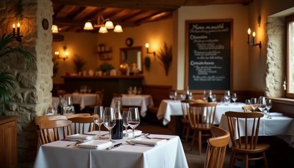 restaurant pourquoi pas pontarlier featured Salle chaleureuse et intimiste du restaurant Pourquoi Pas à Pontarlier, avec tables en bois, éclairage tamisé doré et ardoise du menu en arrière-plan