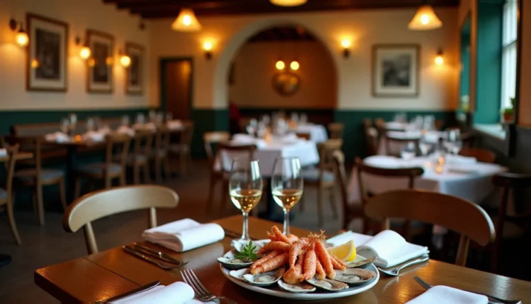 Salle chaleureuse d'un restaurant de caractère à Saint-Malo avec un plateau de fruits de mer frais, évoquant l'ambiance du restaurant Pourquoi Pas Saint-Malo