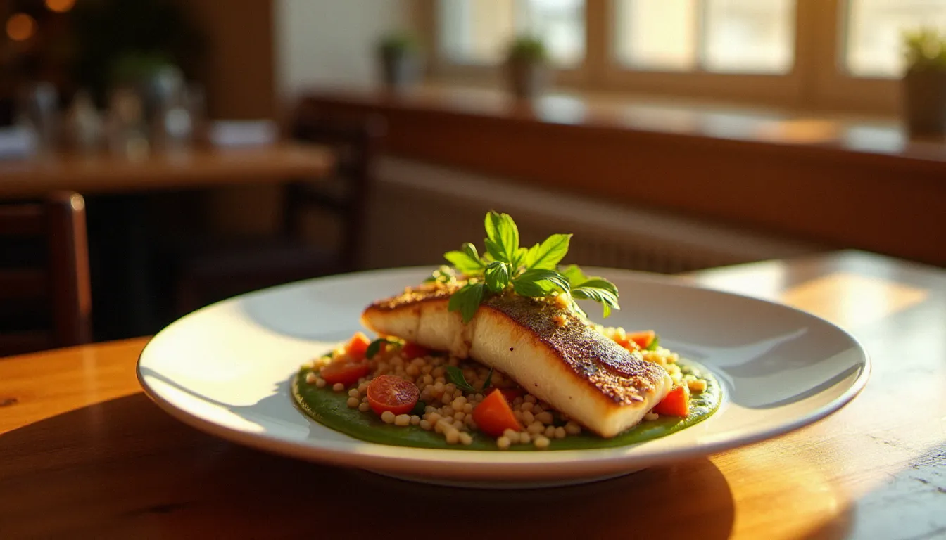 Assiette de poisson méditerranéen soigneusement dressée dans un restaurant à prix raisonnable à Marseille, lumière naturelle chaleureuse