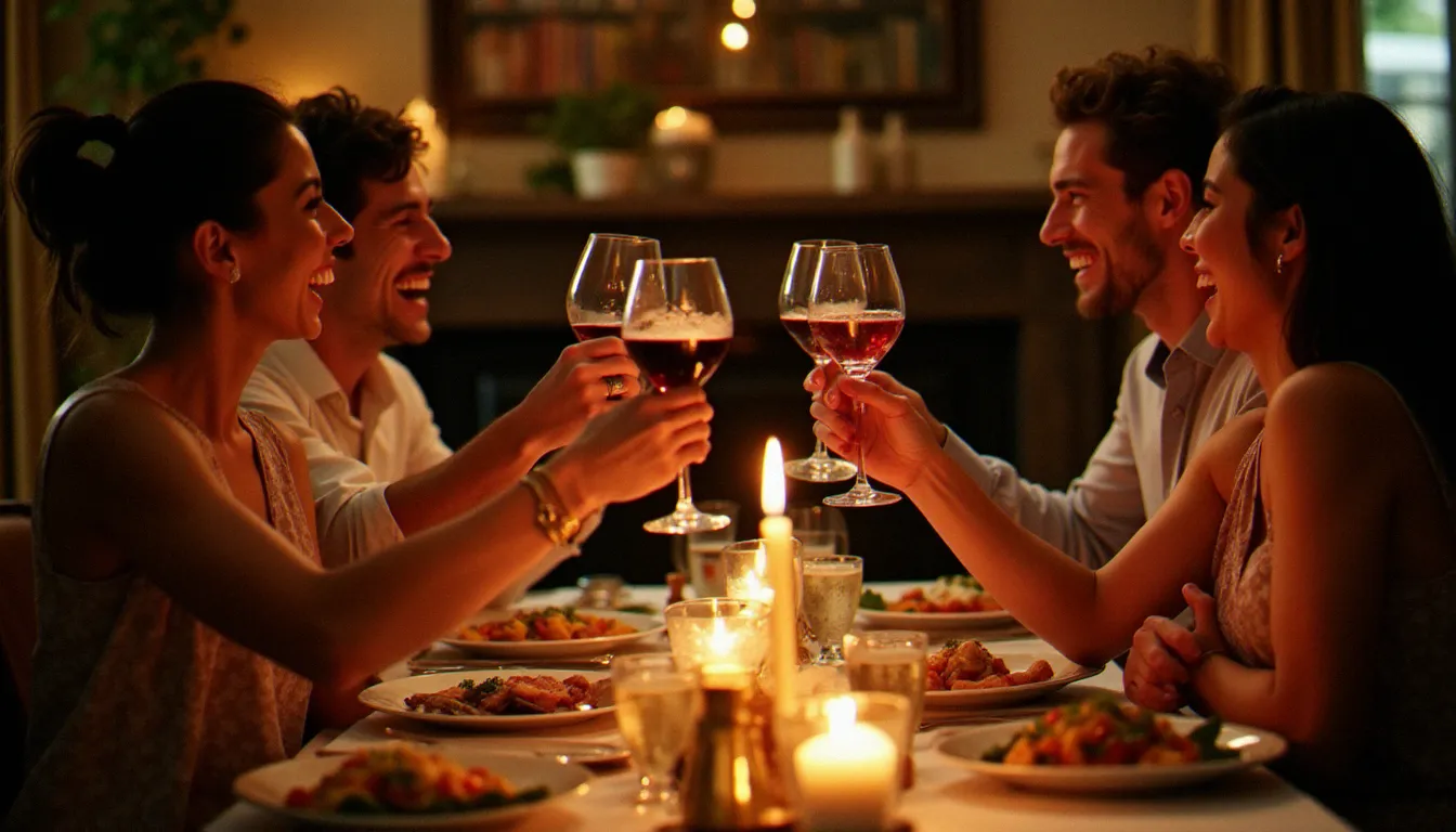 Groupe d'amis portant un toast enthousiaste autour d'une table dans un restaurant marseillais lors d'une soirée de célébration de la saison du prix goncourt