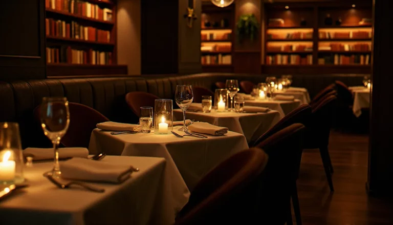 Salle de restaurant intimiste à Marseille avec tables dressées aux chandelles et bibliothèque de livres en arrière-plan, cadre idéal pour un dîner restaurant prix goncourt