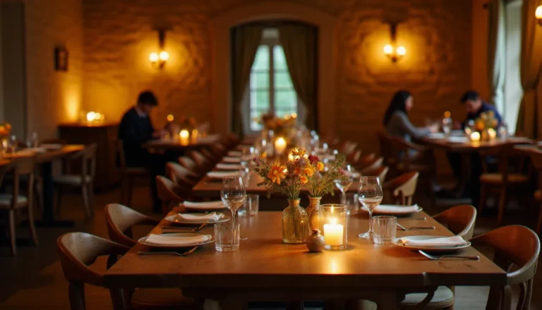 Salle de restaurant à Les Mézières avec tables dressées et ambiance chaleureuse, illustrant l'expérience restaurant prix Les Mézières