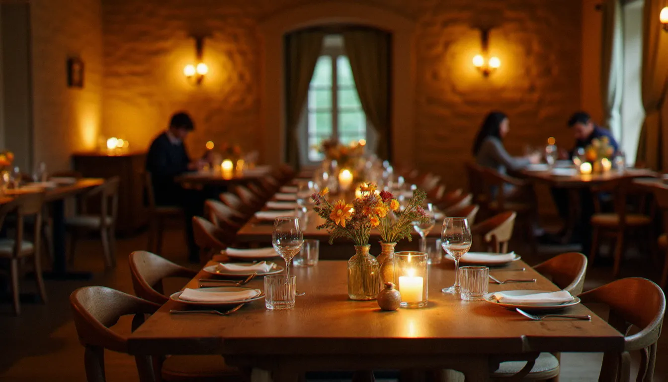 Salle de restaurant à Les Mézières avec tables dressées et ambiance chaleureuse, illustrant l'expérience restaurant prix Les Mézières