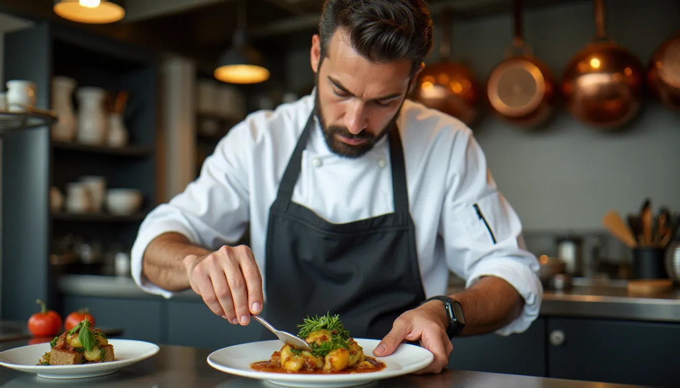 Chef cuisinier en train de dresser une assiette avec soin dans la cuisine ouverte d'un restaurant prix libre à Marseille