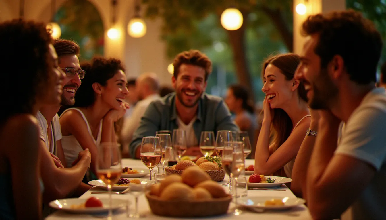 Tablée diverse et souriante partageant un repas dans un restaurant prix libre à Marseille, atmosphère conviviale et chaleureuse en lumière du soir