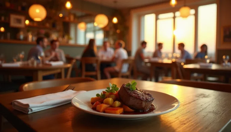 Salle de restaurant chaleureuse à Marseille avec une assiette soignée au premier plan dans un restaurant prix libre, ambiance bistrot méditerranéen au coucher du soleil