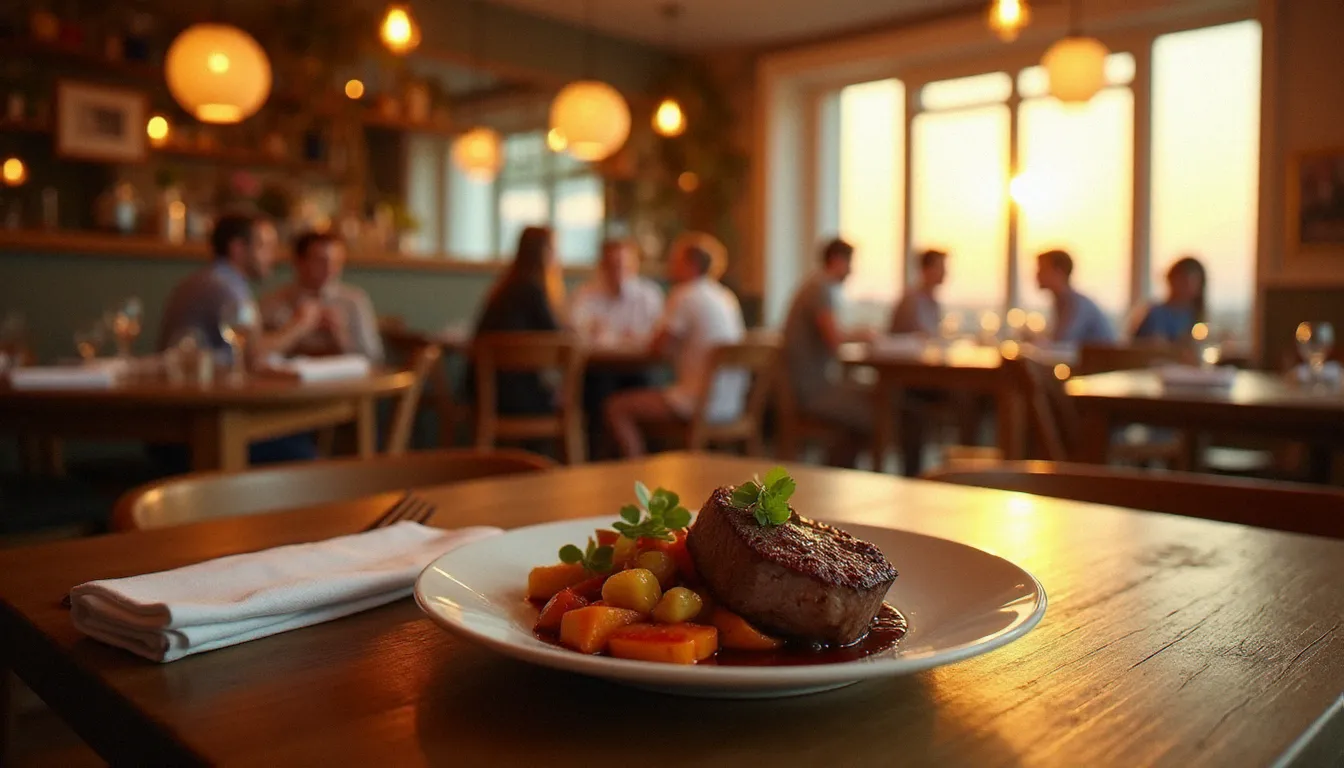 Salle de restaurant chaleureuse à Marseille avec une assiette soignée au premier plan dans un restaurant prix libre, ambiance bistrot méditerranéen au coucher du soleil