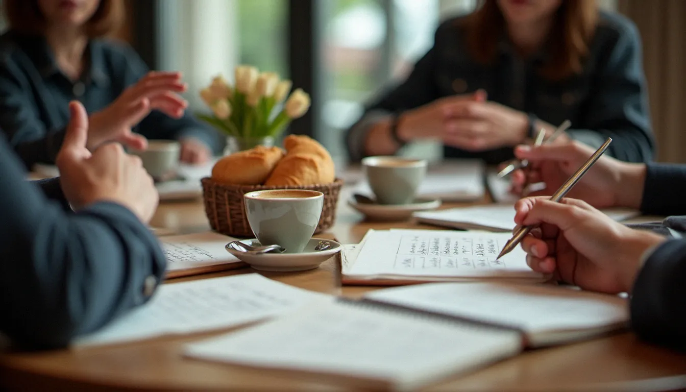 Table de délibération de jury littéraire dans un restaurant, avec carnets de notes, manuscrits et tasses à café, témoignant de l'intensité des échanges lors d'un restaurant prix littéraire