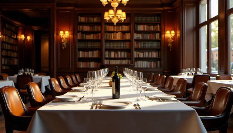 Salle de restaurant prix littéraire avec bibliothèque murale, tables en bois sombre dressées pour un jury, lumière dorée et atmosphère feutrée propice aux délibérations littéraires