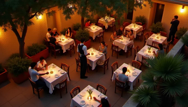 Terrasse d'un restaurant méditerranéen à Marseille au coucher du soleil, tables dressées et ambiance chaleureuse, idéal pour qui cherche un restaurant proche autour de soi