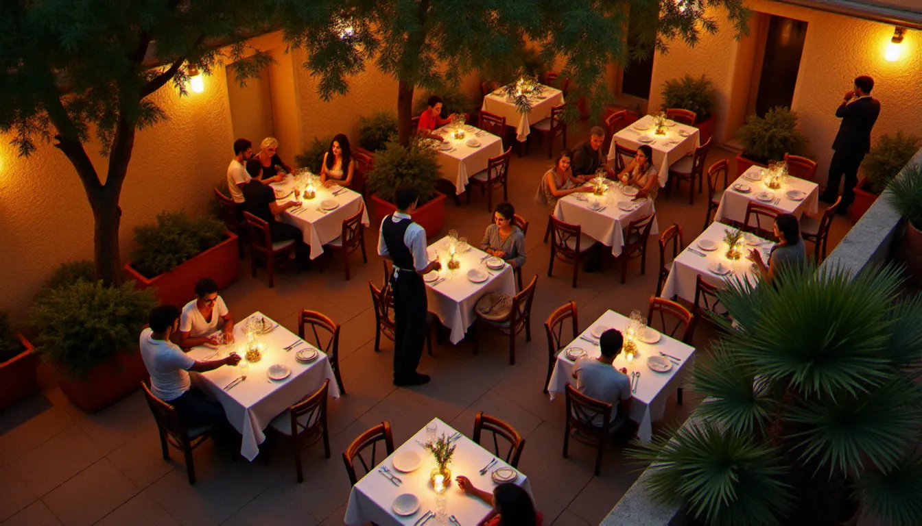 Terrasse d'un restaurant méditerranéen à Marseille au coucher du soleil, tables dressées et ambiance chaleureuse, idéal pour qui cherche un restaurant proche autour de soi