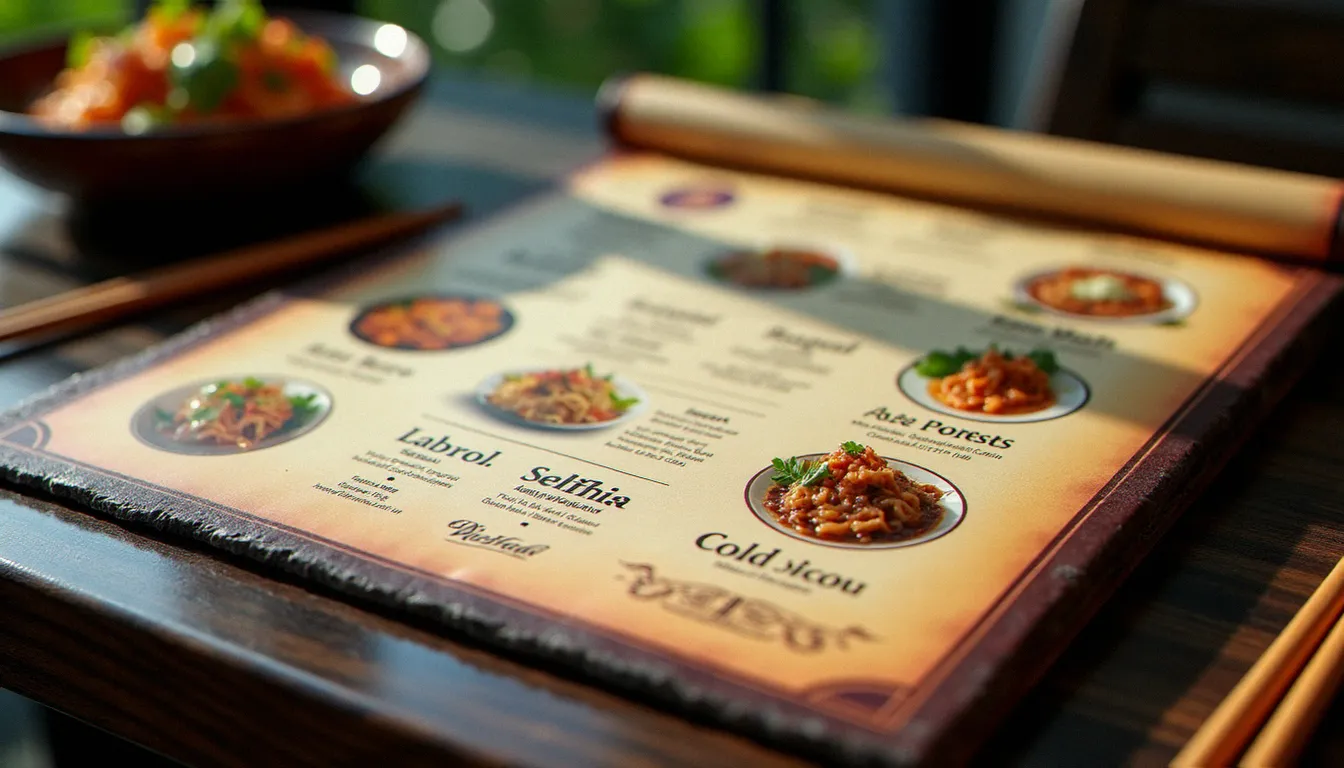 Menu d'un restaurant asiatique ouvert sur une table en bois, détaillant des plats de différentes régions d'Asie