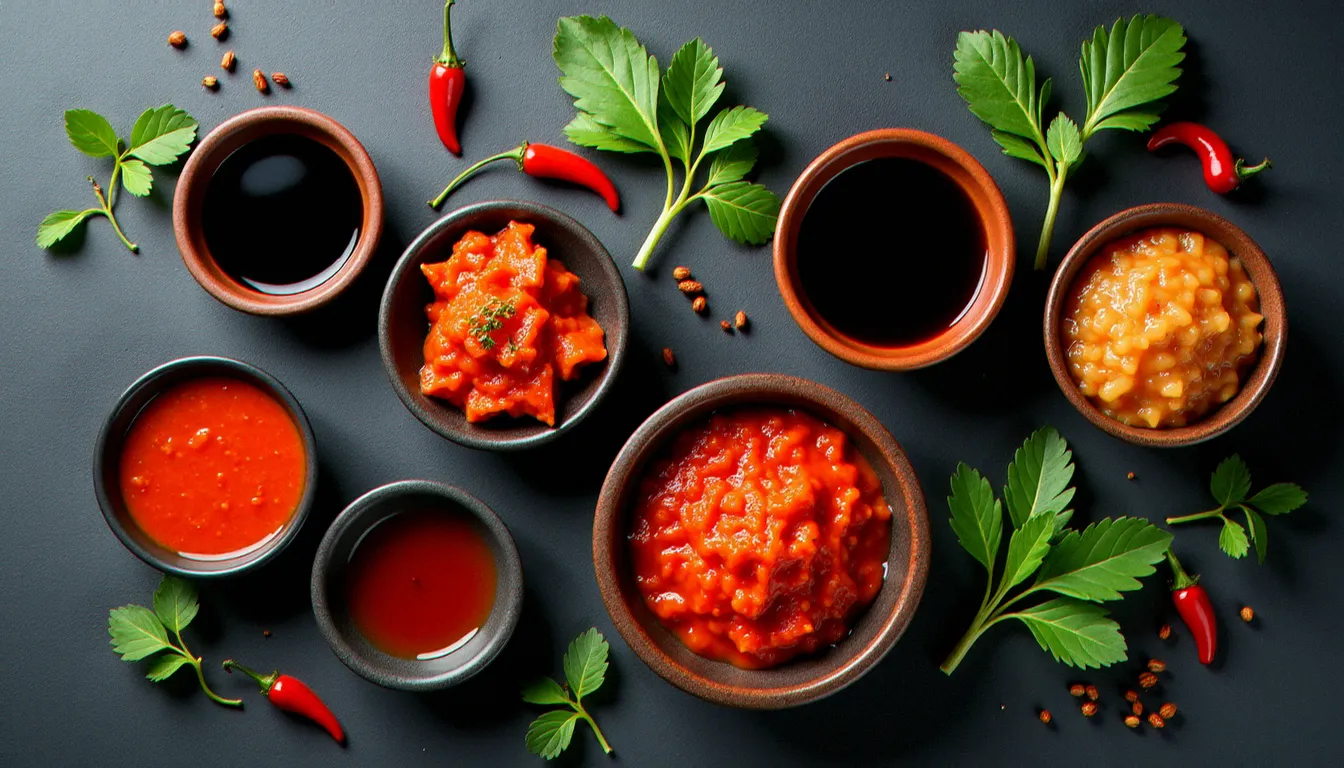 Assortiment de sauces et condiments asiatiques traditionnels dans des bols en céramique, incluant sauce soja, gochujang et nuoc-mâm