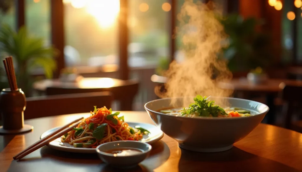 restaurant recettes dasie menu featured Table dressée dans un restaurant recettes d'Asie avec un menu varié incluant phở vietnamien et légumes sautés thaïlandais
