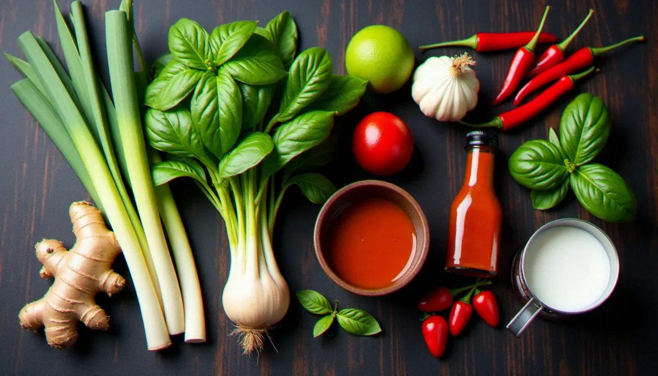 Mise en place photographiée des ingrédients clés des recettes d'Asie incluant gingembre frais, citronnelle, feuilles de kaffir, pâte de curry rouge et sauce de poisson