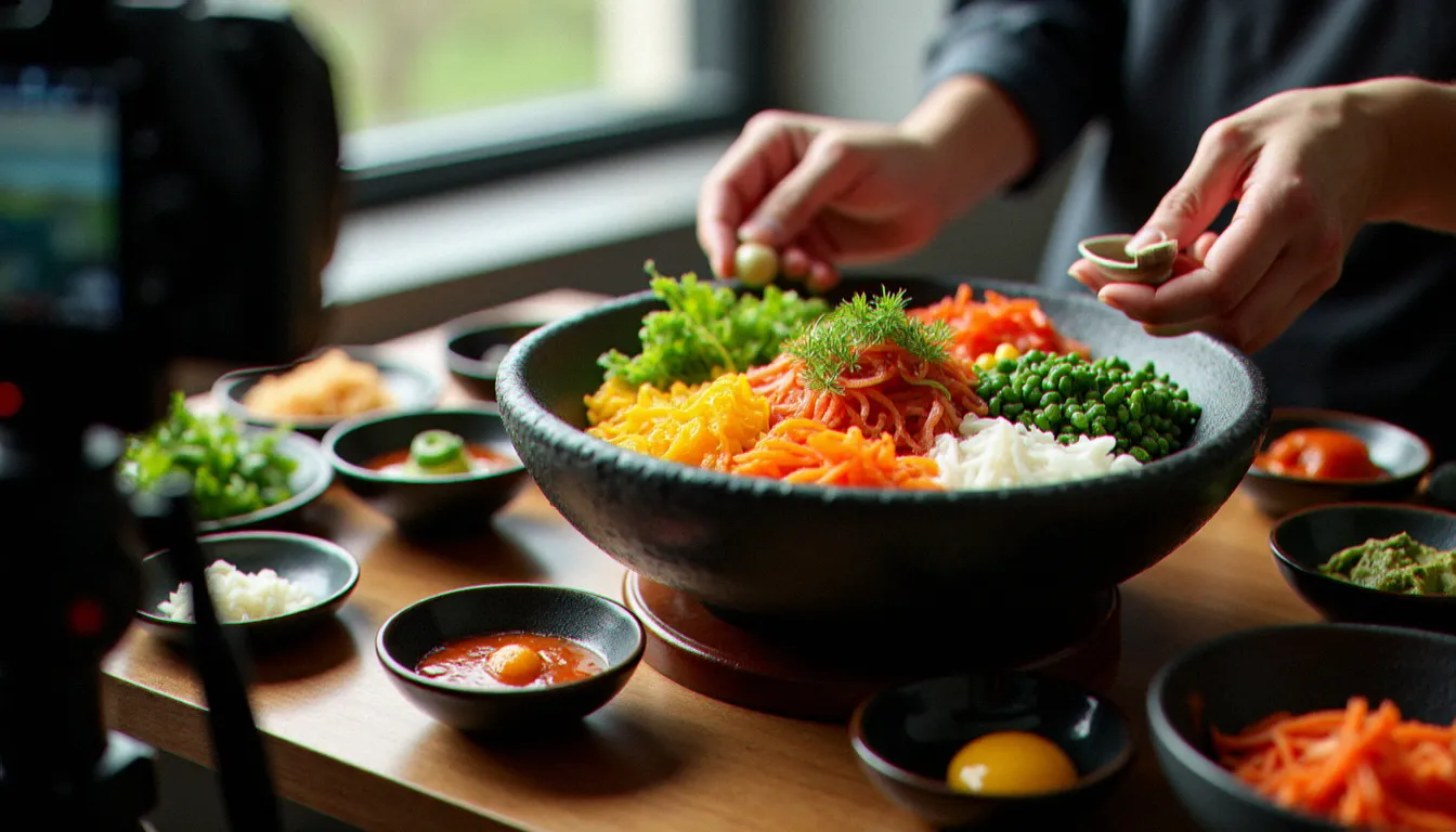 Photographe culinaire professionnel en train de mettre en scène un bibimbap coréen dans un bol en pierre chaude entouré de banchan, illustrant les différences de mise en scène photographique selon les traditions asiatiques