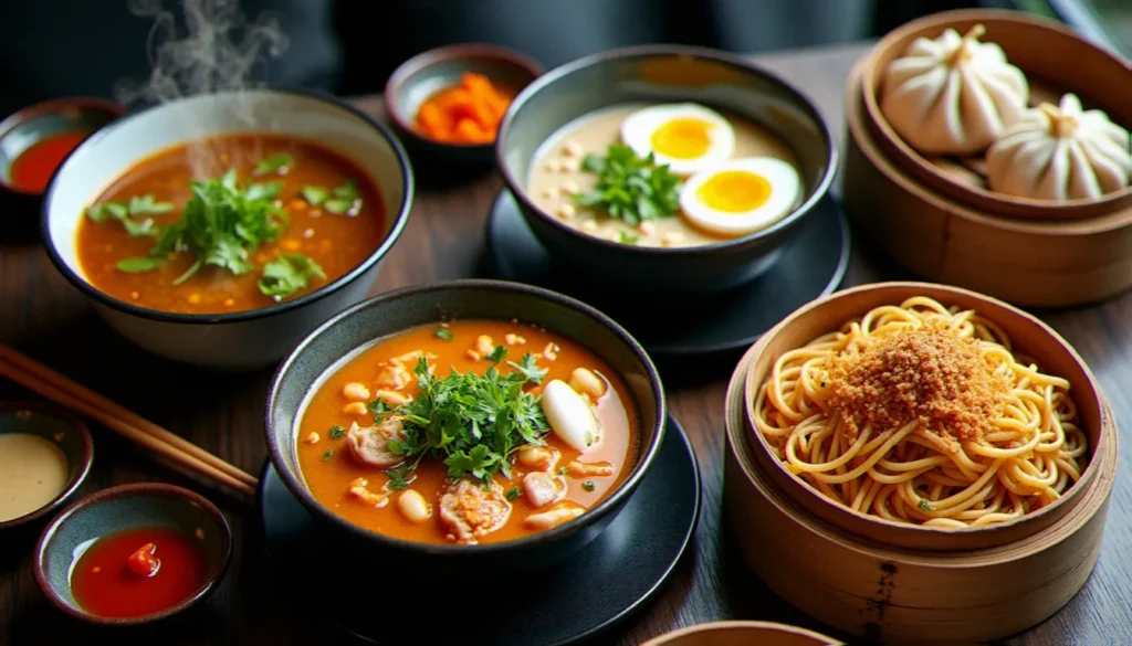 restaurant recettes dasie photos featured Vue aérienne d'une table de restaurant avec des recettes d'Asie en photos incluant un bol de pho vietnamien, un ramen japonais, un pad thaï et des dim sum cantonais dans des paniers vapeur