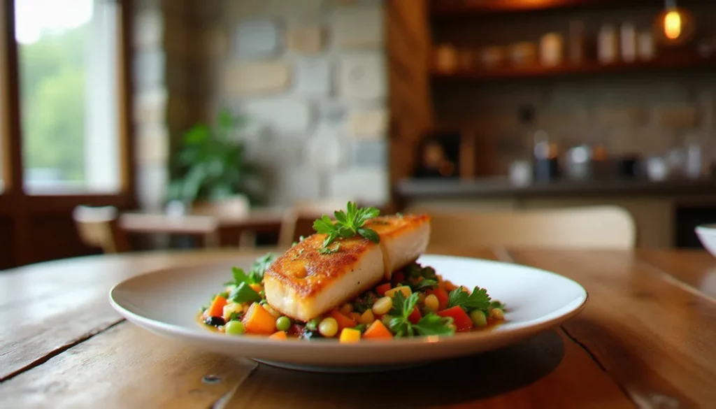 restaurant sans gluten chambery featured Assiette d'un restaurant sans gluten à Chambéry, plat coloré avec légumes grillés et poisson, table en bois rustique, lumière naturelle