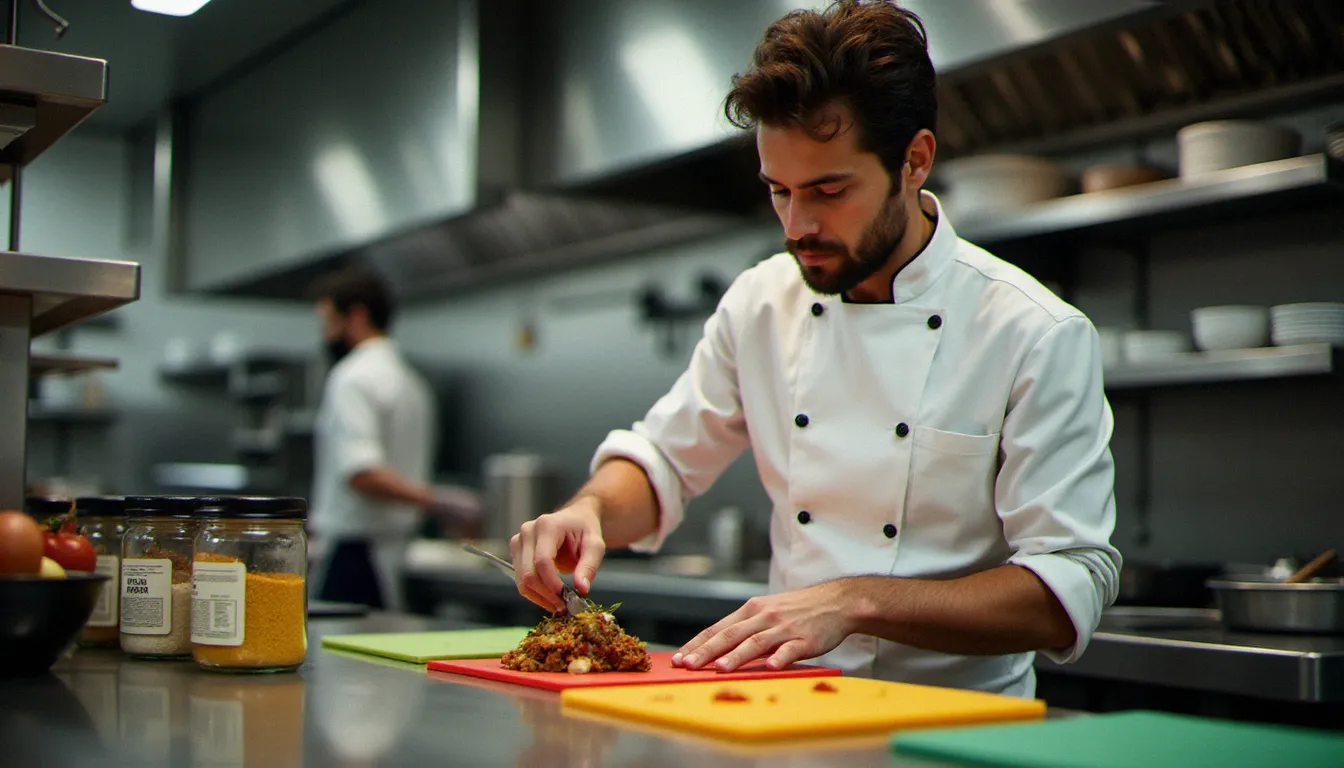 Chef en cuisine professionnelle préparant un plat sans gluten avec des ustensiles séparés clairement identifiés, illustrant les bonnes pratiques anti-contamination croisée dans un restaurant sans gluten à Clermont-Ferrand