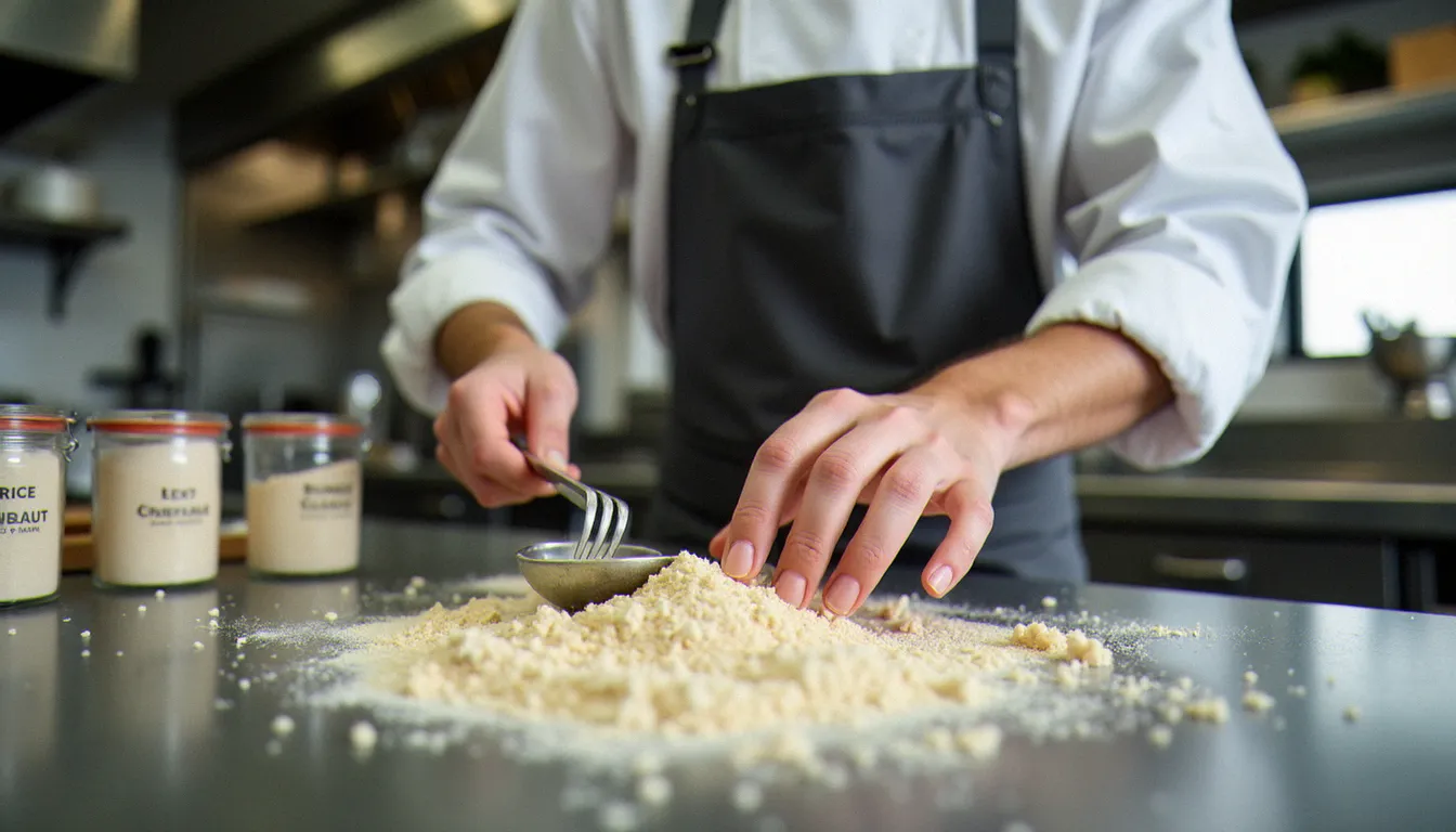 Chef préparant des ingrédients certifiés sans gluten dans une cuisine professionnelle, farines de riz et de châtaigne clairement identifiées sur le plan de travail