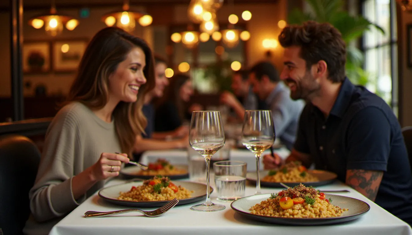 Deux convives savourant un repas sans gluten dans un restaurant grenoblois, risotto de millet à la truffe noire dans des assiettes élégantes, ambiance chaleureuse et conviviale