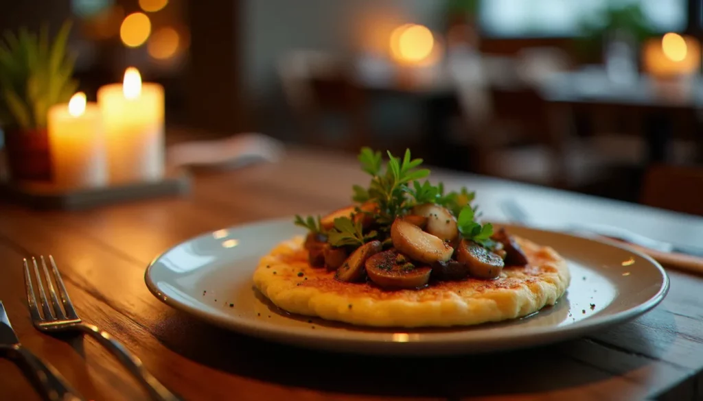 restaurant sans gluten grenoble featured Galette de sarrasin sans gluten garnie de poulet rôti et champignons des bois, servie dans un restaurant sans gluten à Grenoble, ambiance chaleureuse et lumière tamisée