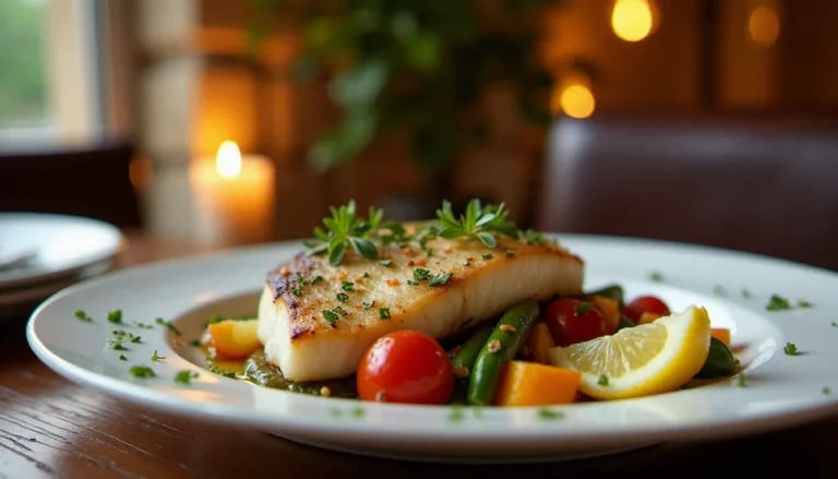 Assiette de restaurant sans gluten à Lyon avec poisson grillé et légumes méditerranéens, présentation soignée sur table en bois