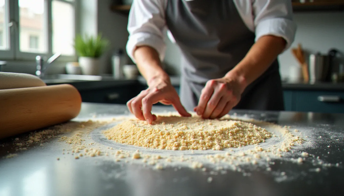 Chef préparant un plat sans gluten dans une cuisine parisienne professionnelle avec des farines alternatives étiquetées sur un plan de travail dédié