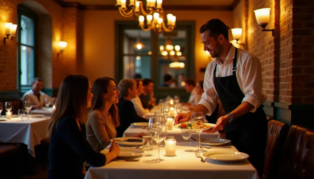restaurant sans gluten paris featured Salle de restaurant sans gluten à Paris avec éclairage chaleureux, tables dressées et service attentionné lors d'un dîner