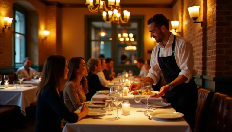 Salle de restaurant sans gluten à Paris avec éclairage chaleureux, tables dressées et service attentionné lors d'un dîner
