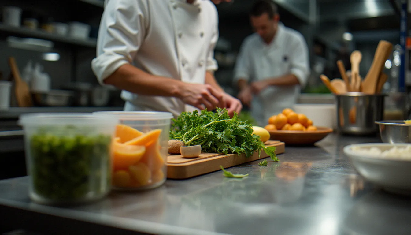 Cuisine professionnelle d'un restaurant proposant des options sans gluten à Saint-Étienne, avec préparation organisée et ingrédients séparés pour éviter la contamination croisée